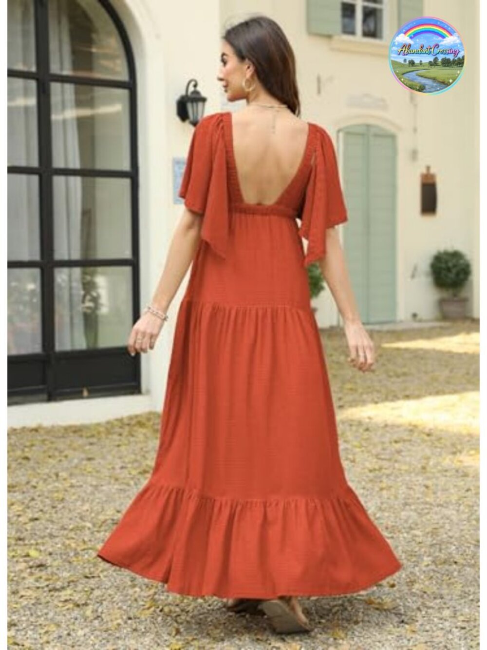 Women's V-Neck Backless Flutter Sleeve Tiered Maxi Dress Elastic Waist - Picture 2 of 6